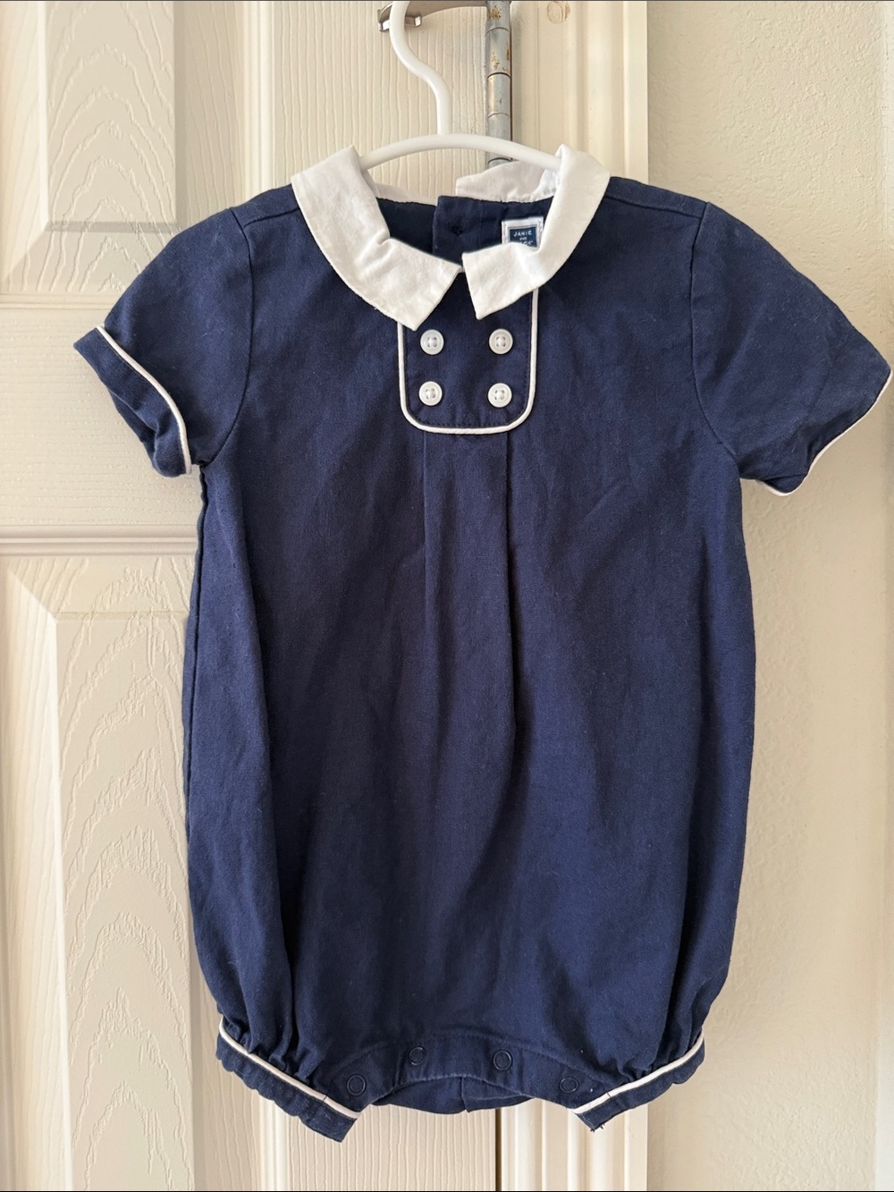 Janie and Jack Navy Blue Linen Blend Baby Romper with White Collar